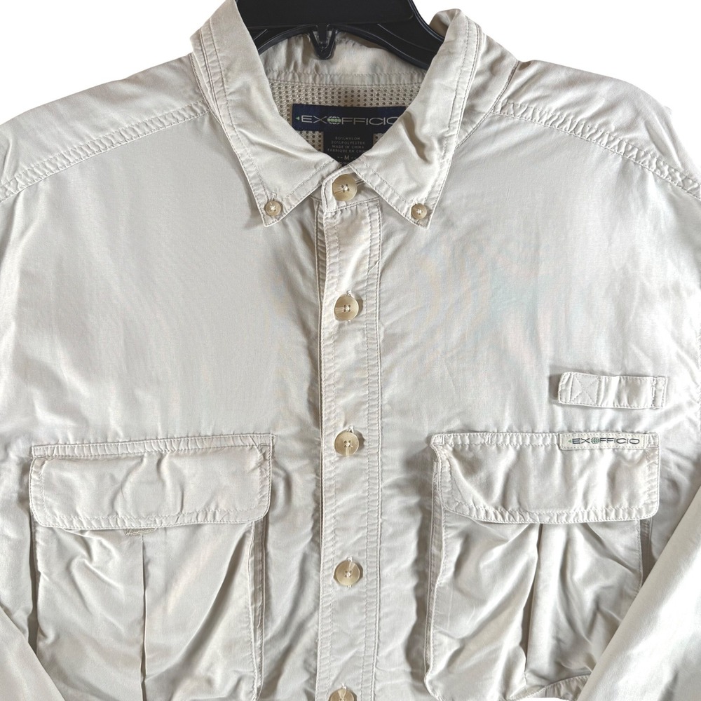 ExOfficio Fishing Shirt Medium Tan Long Sleeve VENTED Hiking Utility 1001-5090